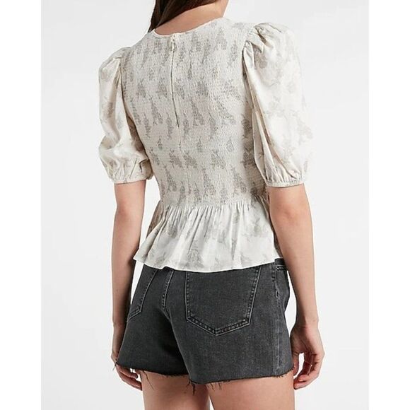 2/$30 Express Floral Linen Blend Smocked Puff Sleeve Sleeve Top Blouse Shirt - Picture 3 of 13